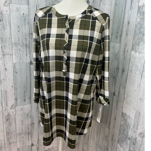 Peter Nygard Tops - New Nygard Womens Medium Long Sleeve Plaid Henley Polyester Blend Shirt Top